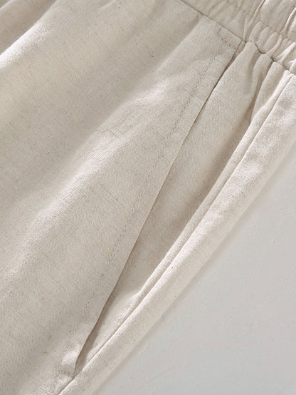 Button-Up Shirt and Drawstring Shorts Set in Linen-Rayon Blend