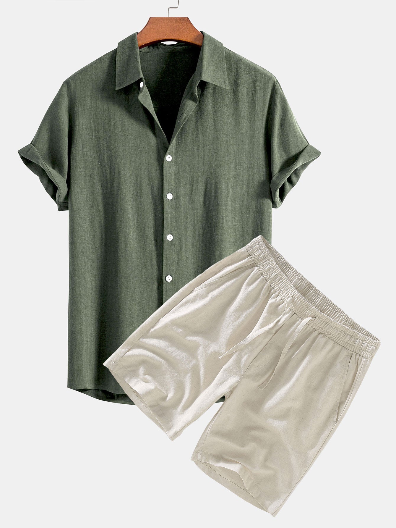 Button-Up Shirt and Drawstring Shorts Set in Linen-Rayon Blend