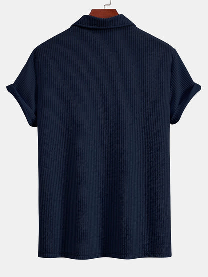 V-Neck Ribbed Polo with Short Sleeves & Drawstring Ribbed Shorts