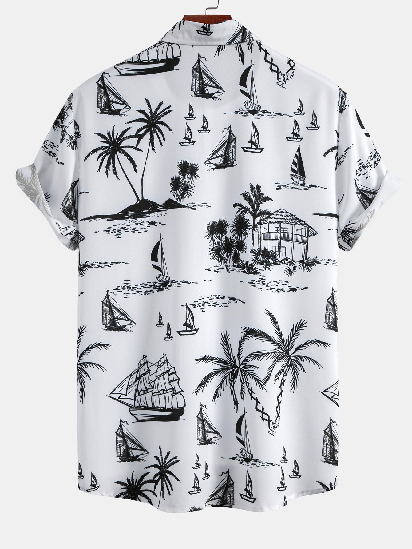 Button-Up Shirt with Island Sailing Print