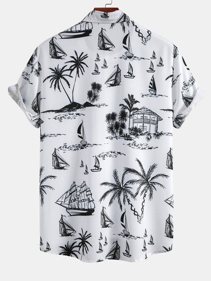 Button-Up Shirt with Island Sailing Print