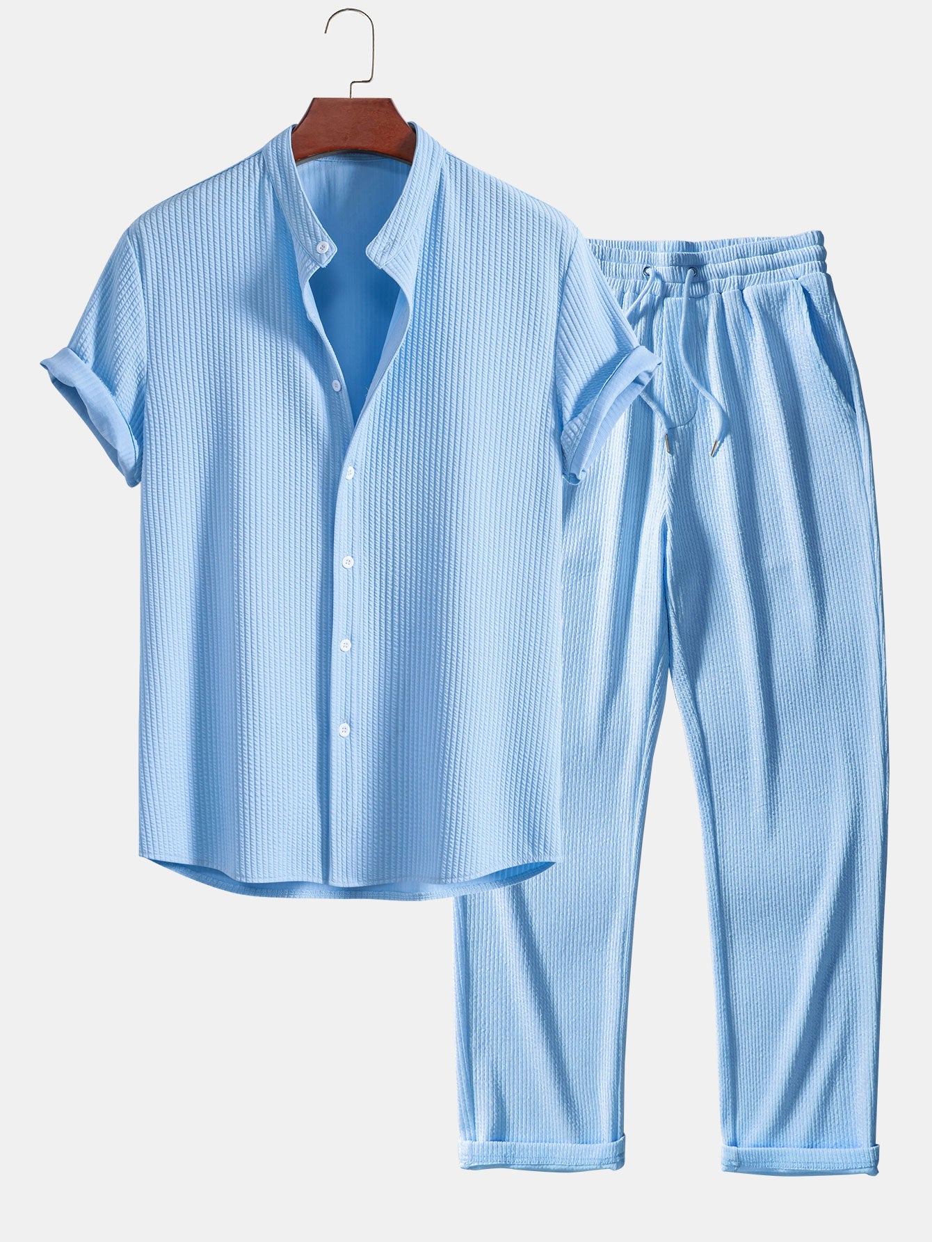 Muscle Fit Ribbed Stand Collar Top & Straight Leg Ribbed Trousers