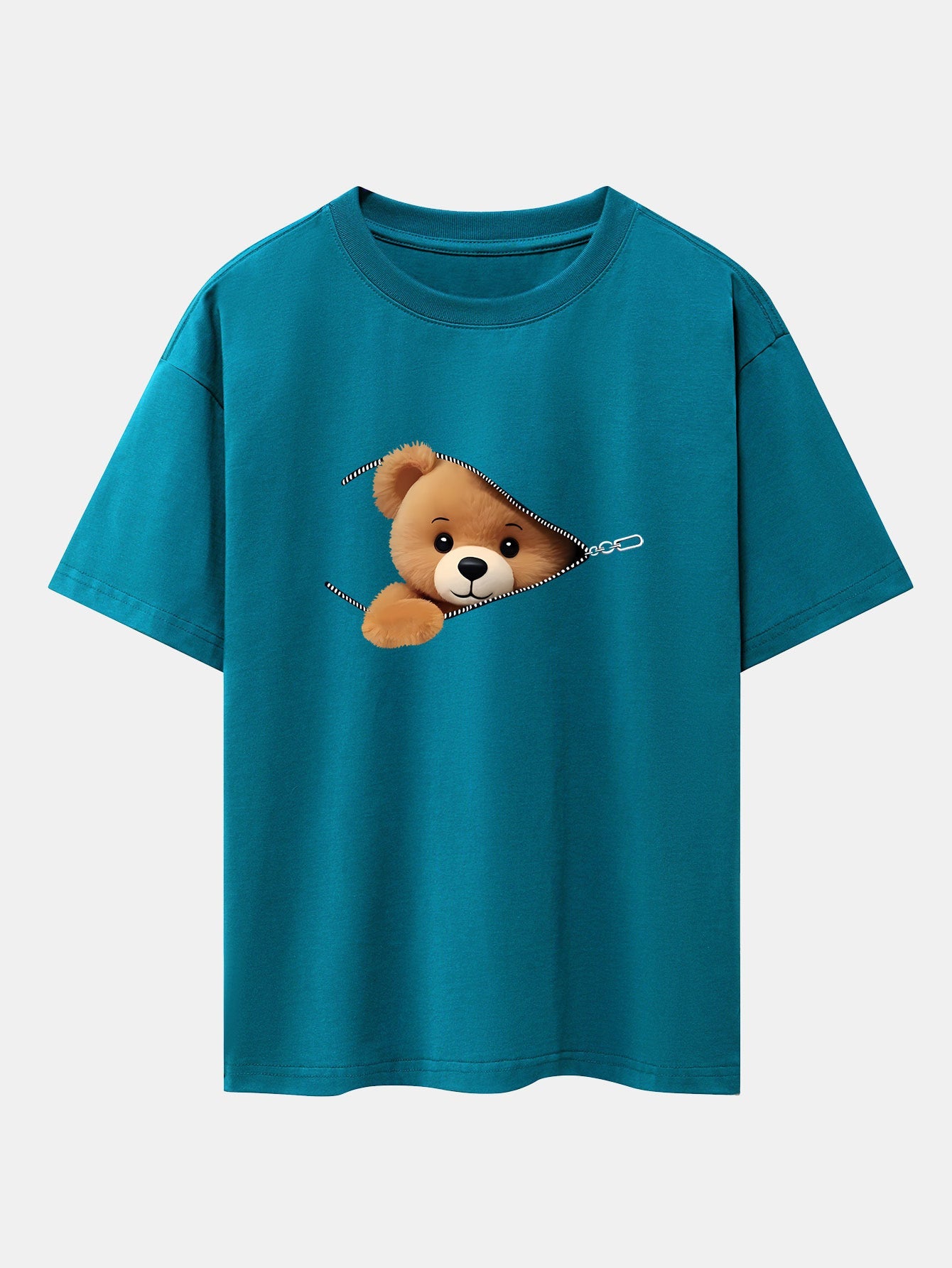 Oversized Drop Shoulder T-Shirt with Zipper Bear Print