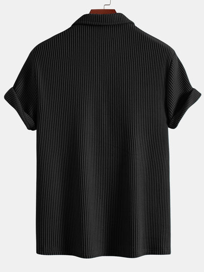 Short Sleeve Waffle V-Neck Polo with Matching Drawstring Knitted Waffle Shorts