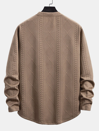 Geometric Jacquard Long Sleeve T-Shirt with Arc Hem
