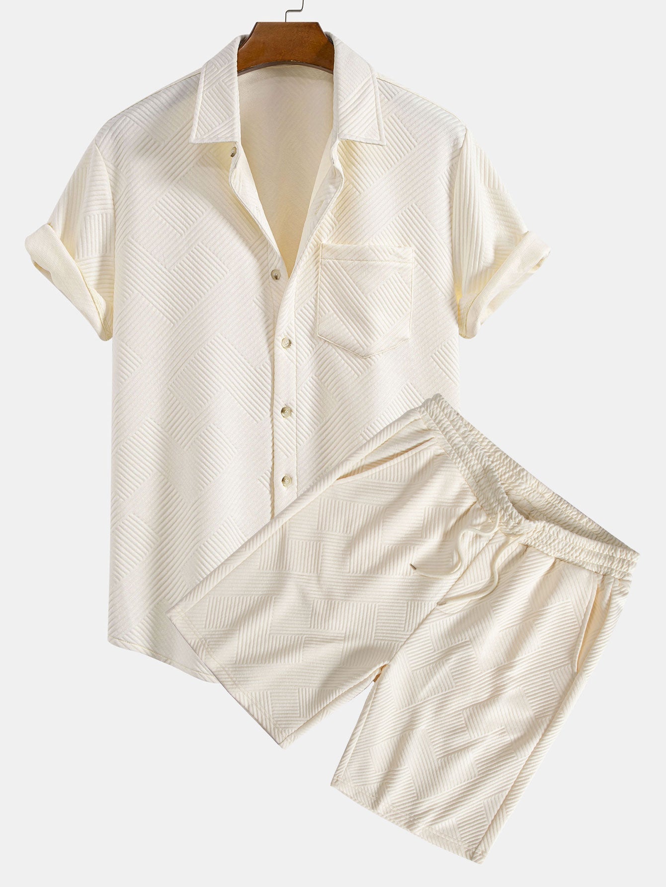 Striped Jacquard Button-Up Shirt and Shorts Set