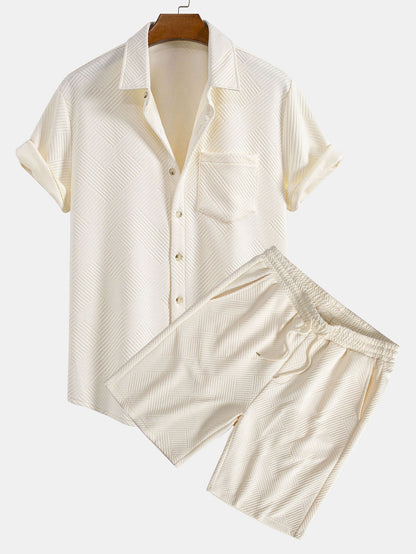 Striped Jacquard Button-Up Shirt and Shorts Set