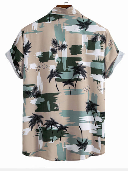 Button-Up Shirt & Swim Shorts Set with Palm Tree Color Block Design