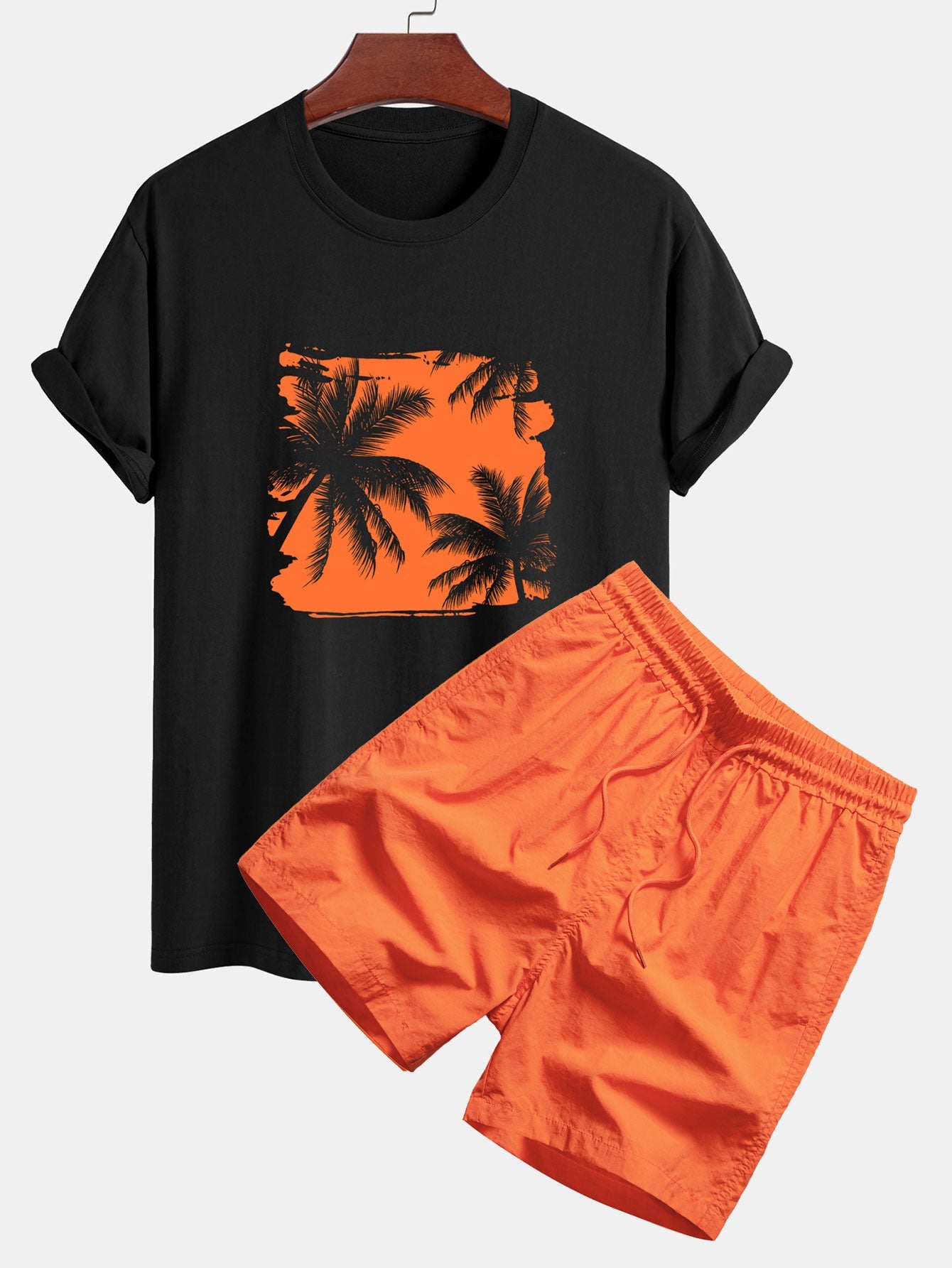 Classic Fit Cotton T-Shirt & Swim Shorts with Palm Tree Silhouette Print