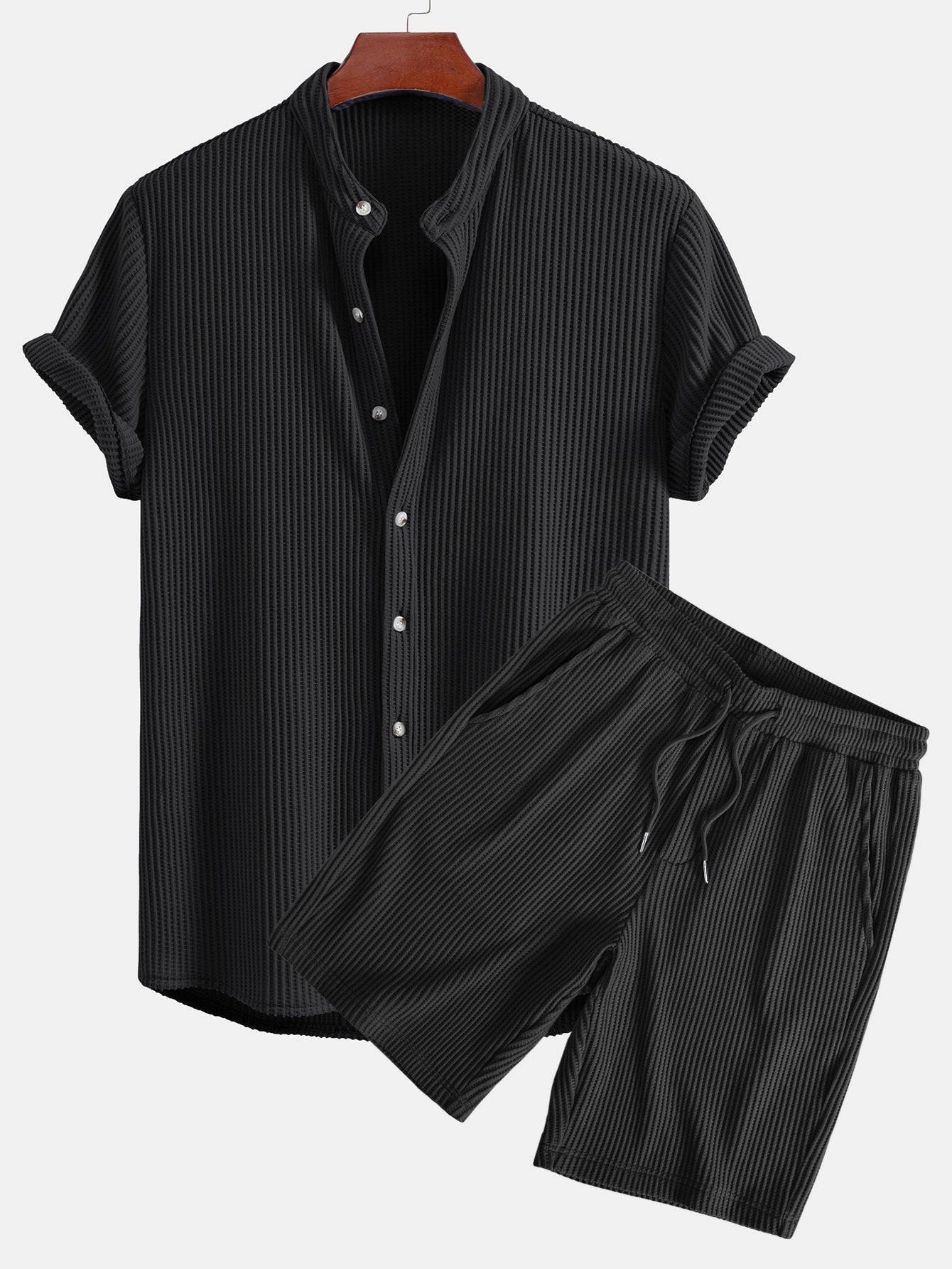 Waffle Textured Stand Collar Shirt & Drawstring Waffle Shorts Set