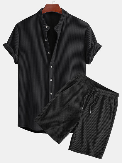 Waffle Textured Stand Collar Shirt & Drawstring Waffle Shorts Set