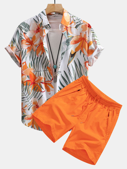 Floral Print Button-Up Shirt & Swim Shorts Set
