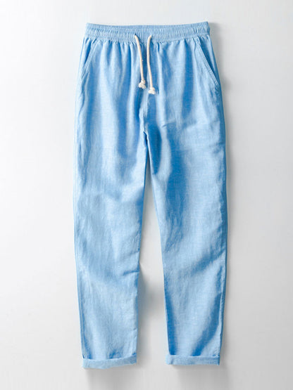 V-Neck Linen-Rayon Blend Top with Straight-Leg Linen Trousers