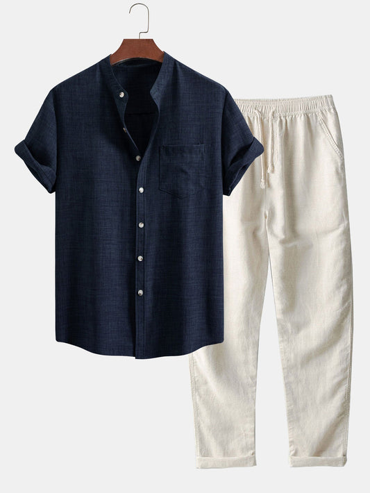 Short Sleeve Stand Collar Top with Straight-Leg Linen Trousers
