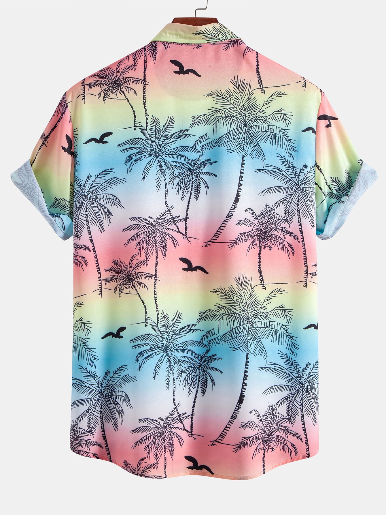 Button-Up Shirt and Swim Shorts Set with Palm Tree and Seagull Print