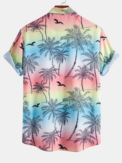 Button-Up Shirt and Swim Shorts Set with Palm Tree and Seagull Print