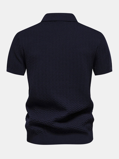 Textured Jacquard Knit Zip-Up Polo with Contrast Details
