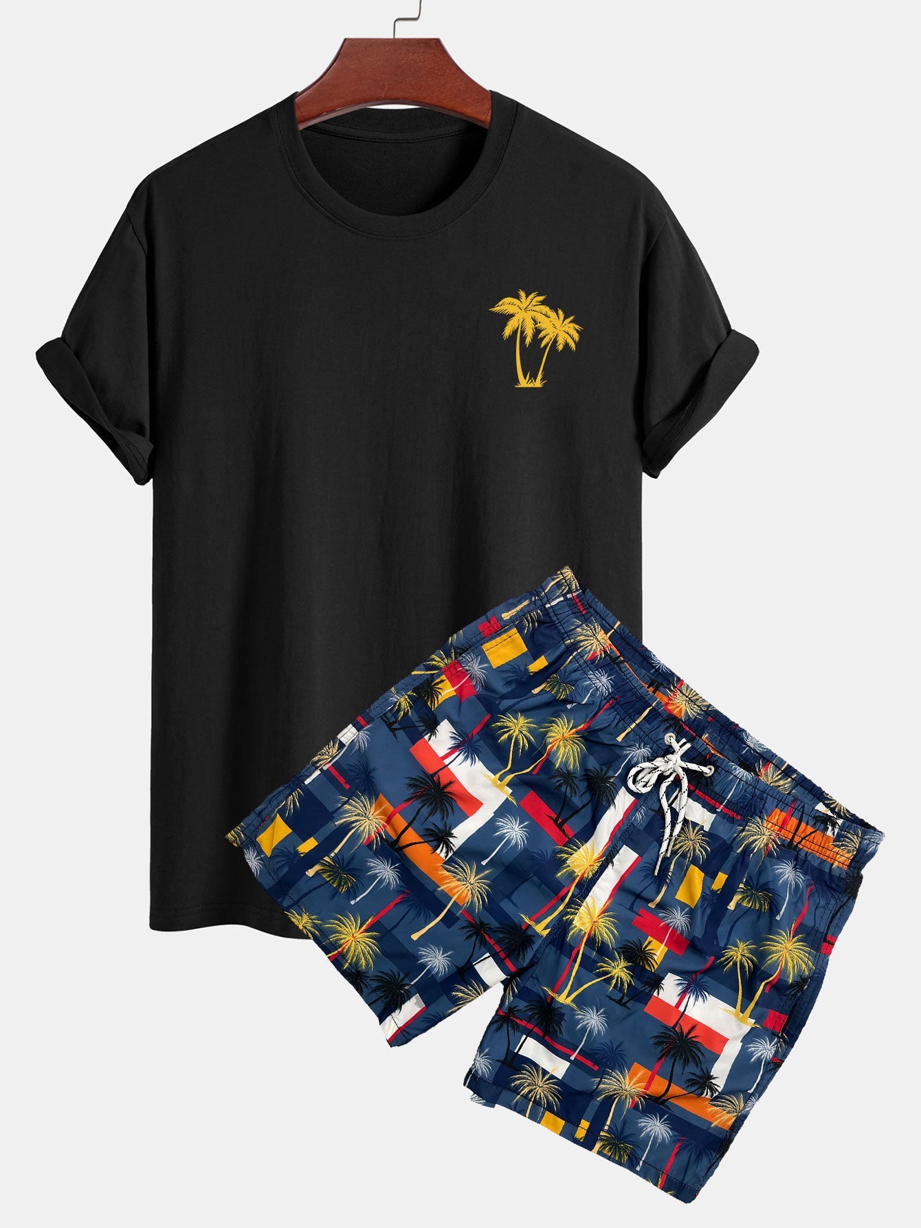 Classic Fit Cotton T-Shirt with Palm Tree Print & Color Block Palm Tree Swim Shorts
