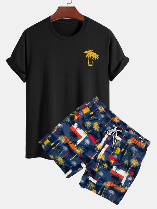 Classic Fit Cotton T-Shirt with Palm Tree Print & Color Block Palm Tree Swim Shorts
