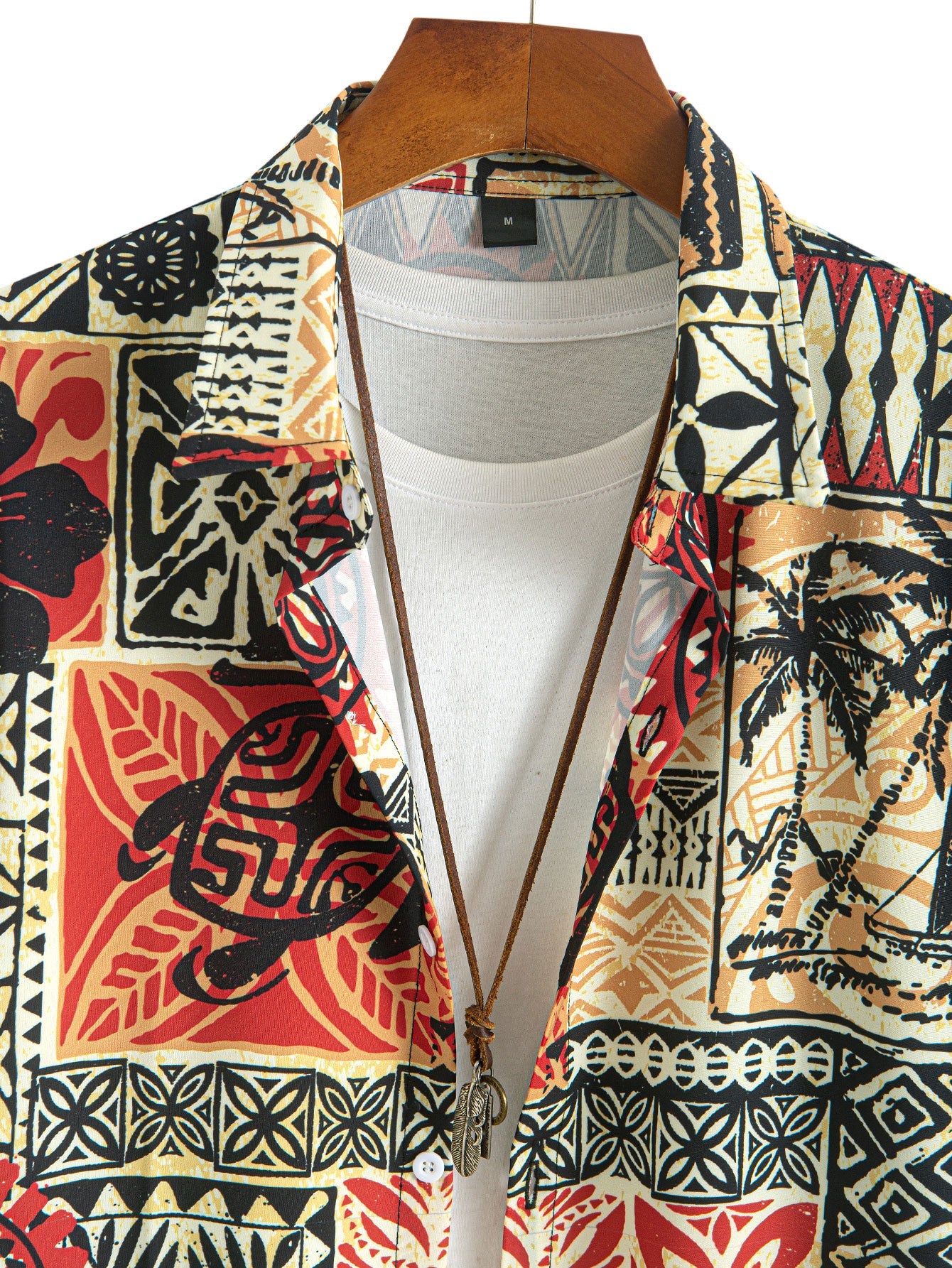 Button-Up Shirt with Palm Tree and Turtle Ethnic Geometric Print