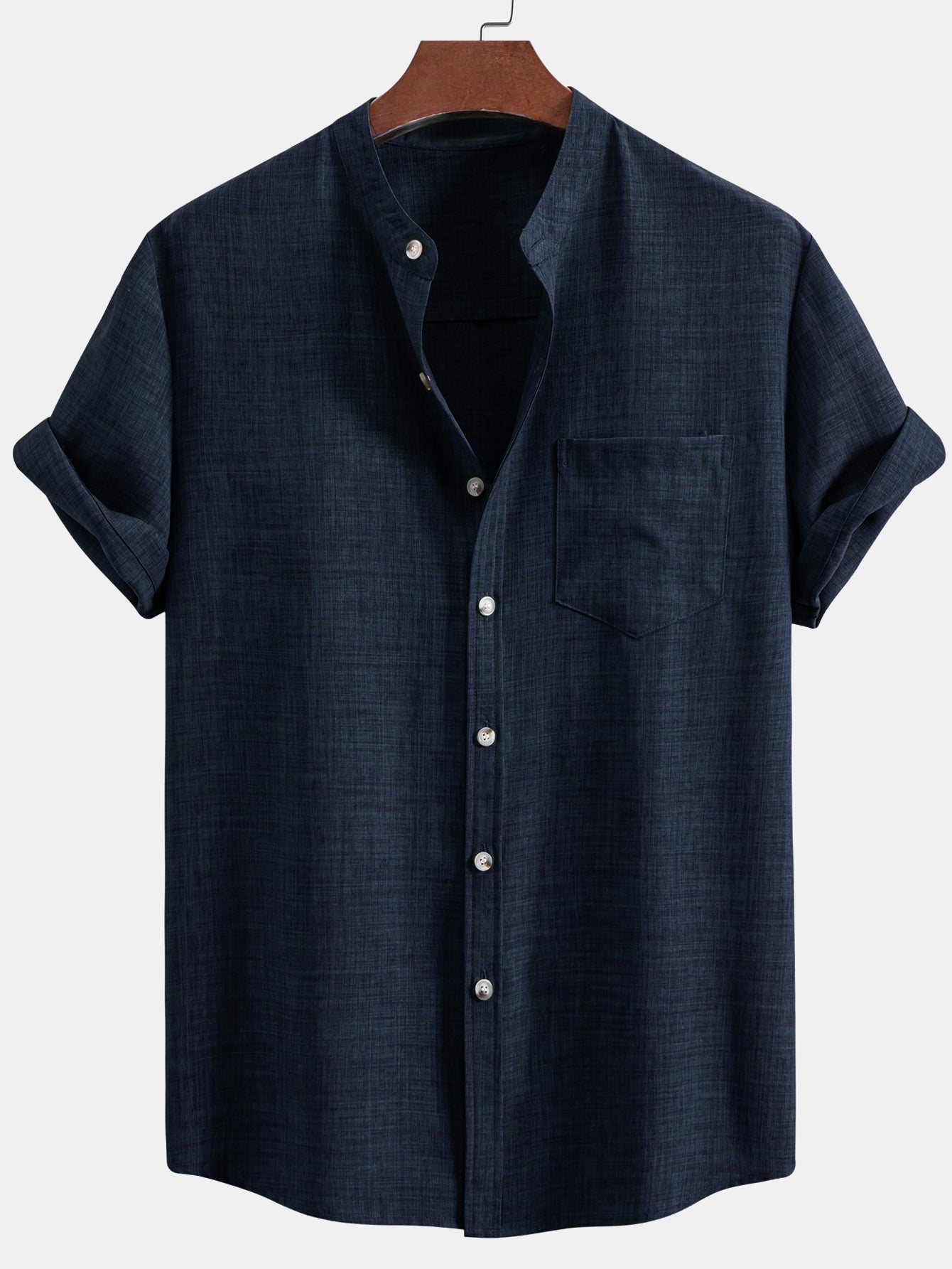 Short Sleeve Stand Collar Top with Straight-Leg Linen Trousers