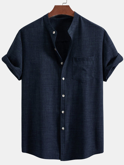 Short Sleeve Stand Collar Top with Straight-Leg Linen Trousers