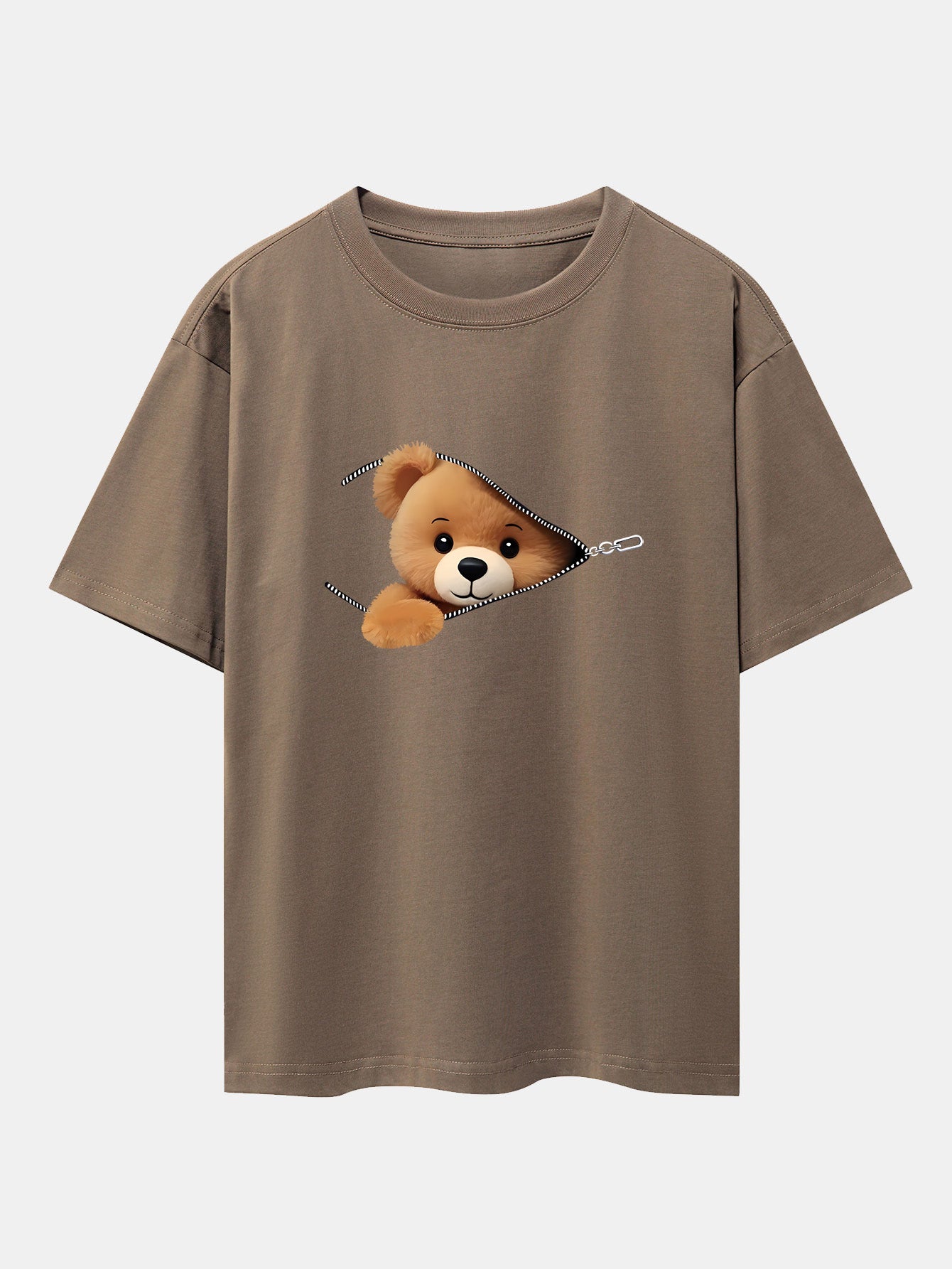 Oversized Drop Shoulder T-Shirt with Zipper Bear Print