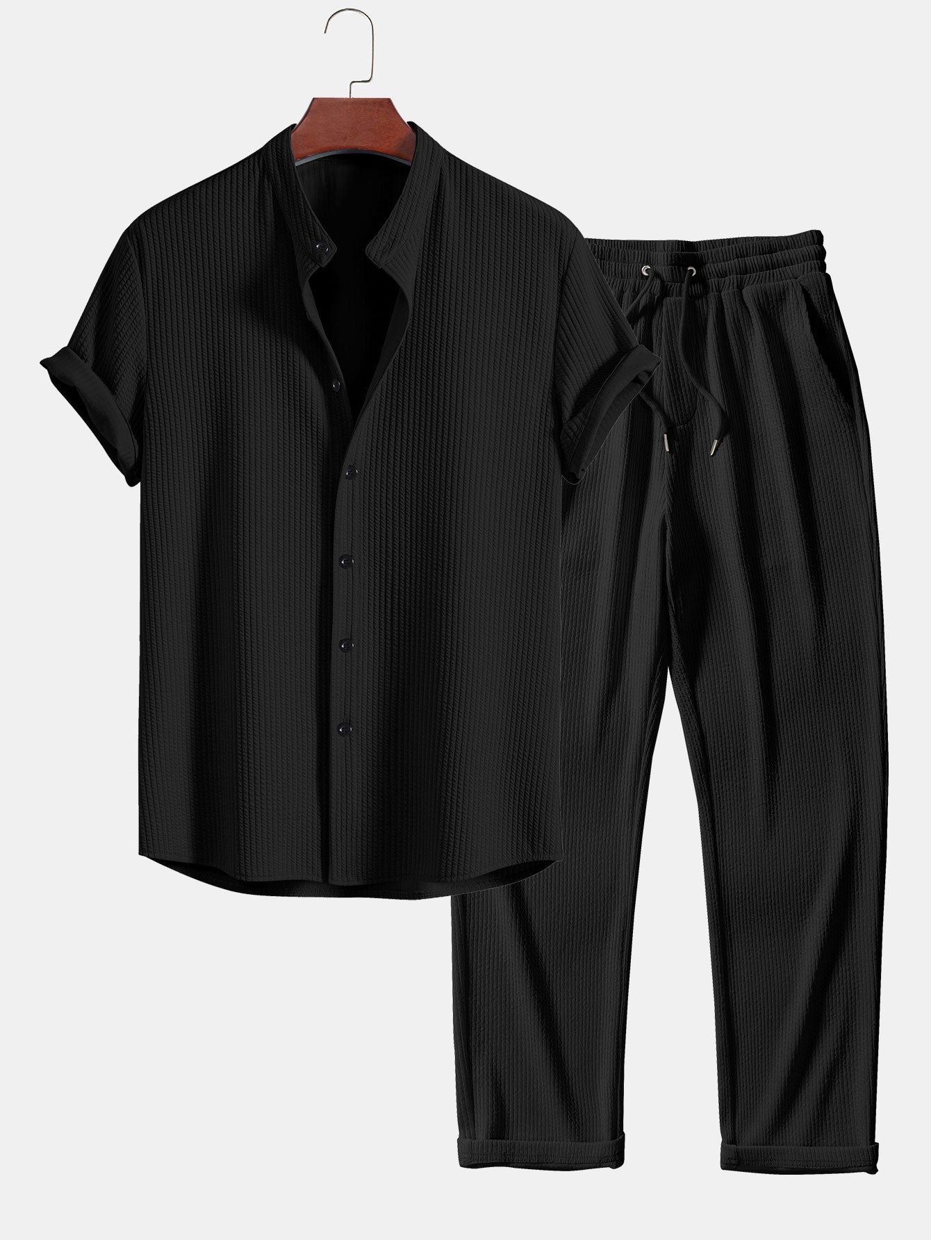 Muscle Fit Ribbed Stand Collar Top & Straight Leg Ribbed Trousers
