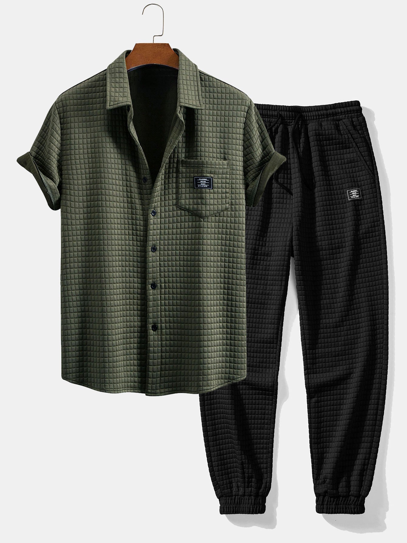 Waffle Knit Short Sleeve Shirt & Drawstring Jogger Pants Set