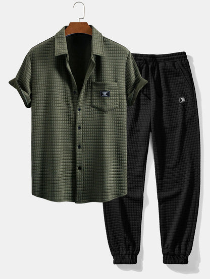 Waffle Knit Short Sleeve Shirt & Drawstring Jogger Pants Set