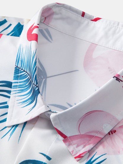 Flamingo Leaf Pattern Button-Up Shirt and Swim Shorts Set