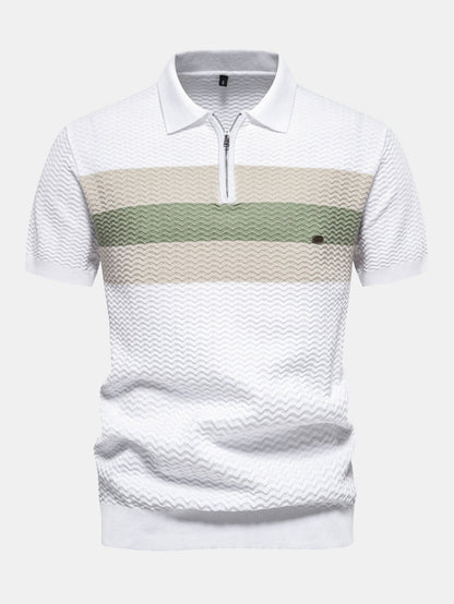 Textured Jacquard Knit Zip-Up Polo with Contrast Details