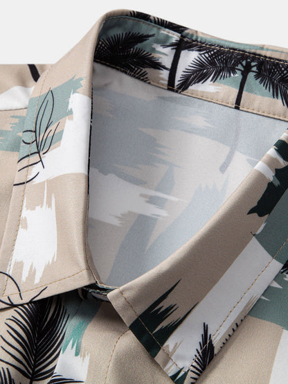 Button-Up Shirt & Swim Shorts Set with Palm Tree Color Block Design