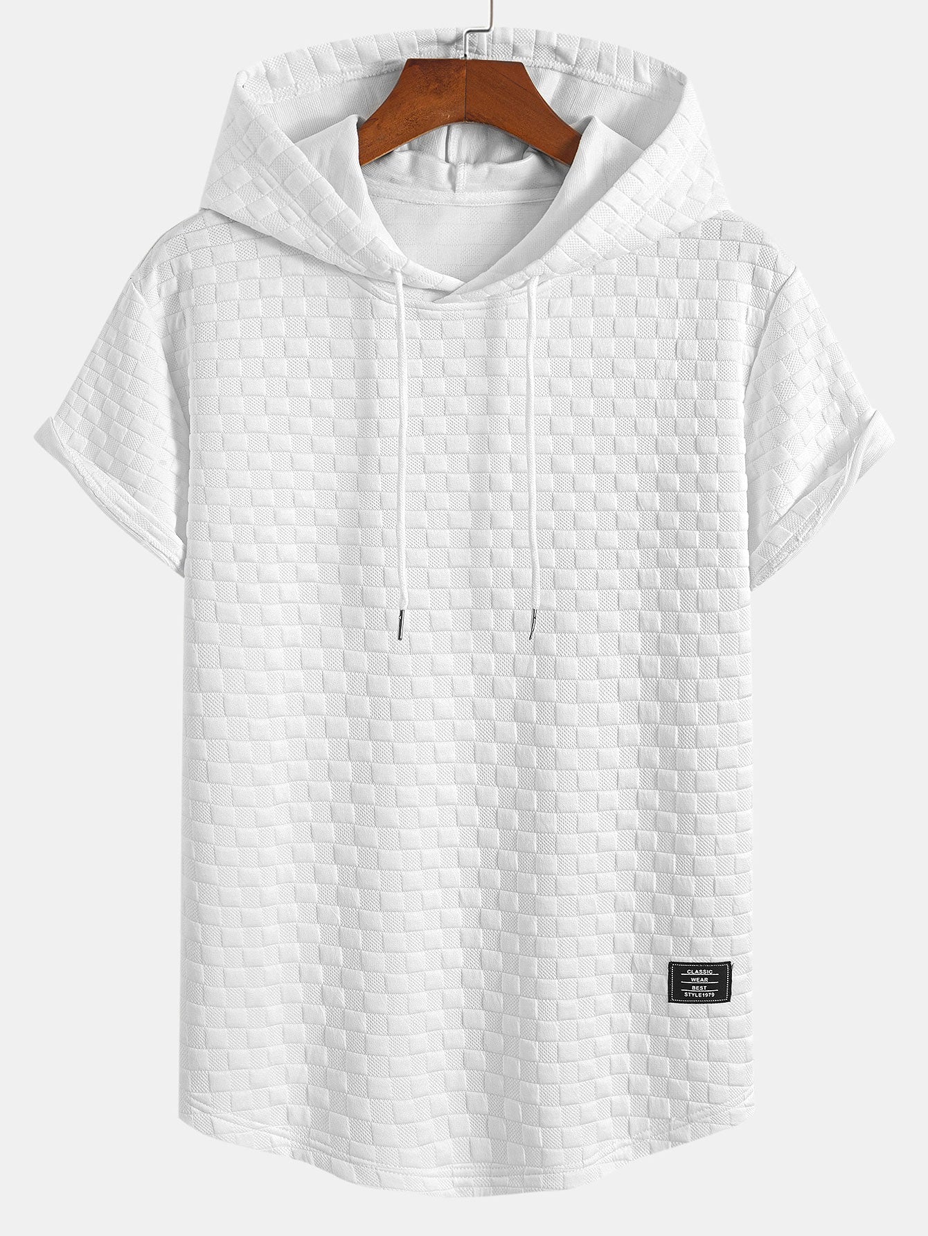 Checkerboard Jacquard Hooded T-Shirt with Arc Hem