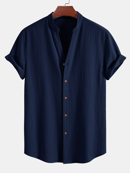 Textured V-Neck Shirt & Straight Leg Pants with Wrinkle Finish