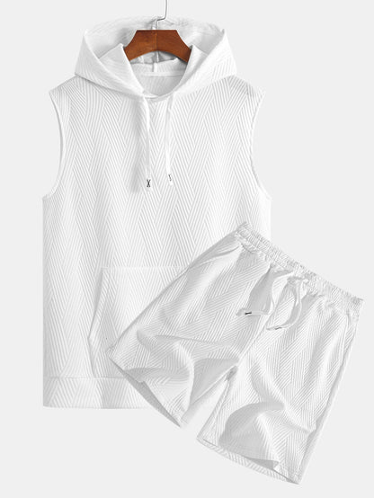 Striped Jacquard Sleeveless Hoodie and Shorts Set