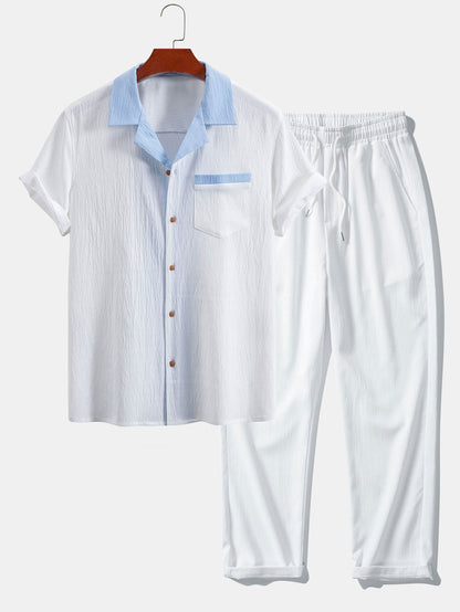 Textured Cuban Shirt with Contrasting Details & Straight Leg Trousers