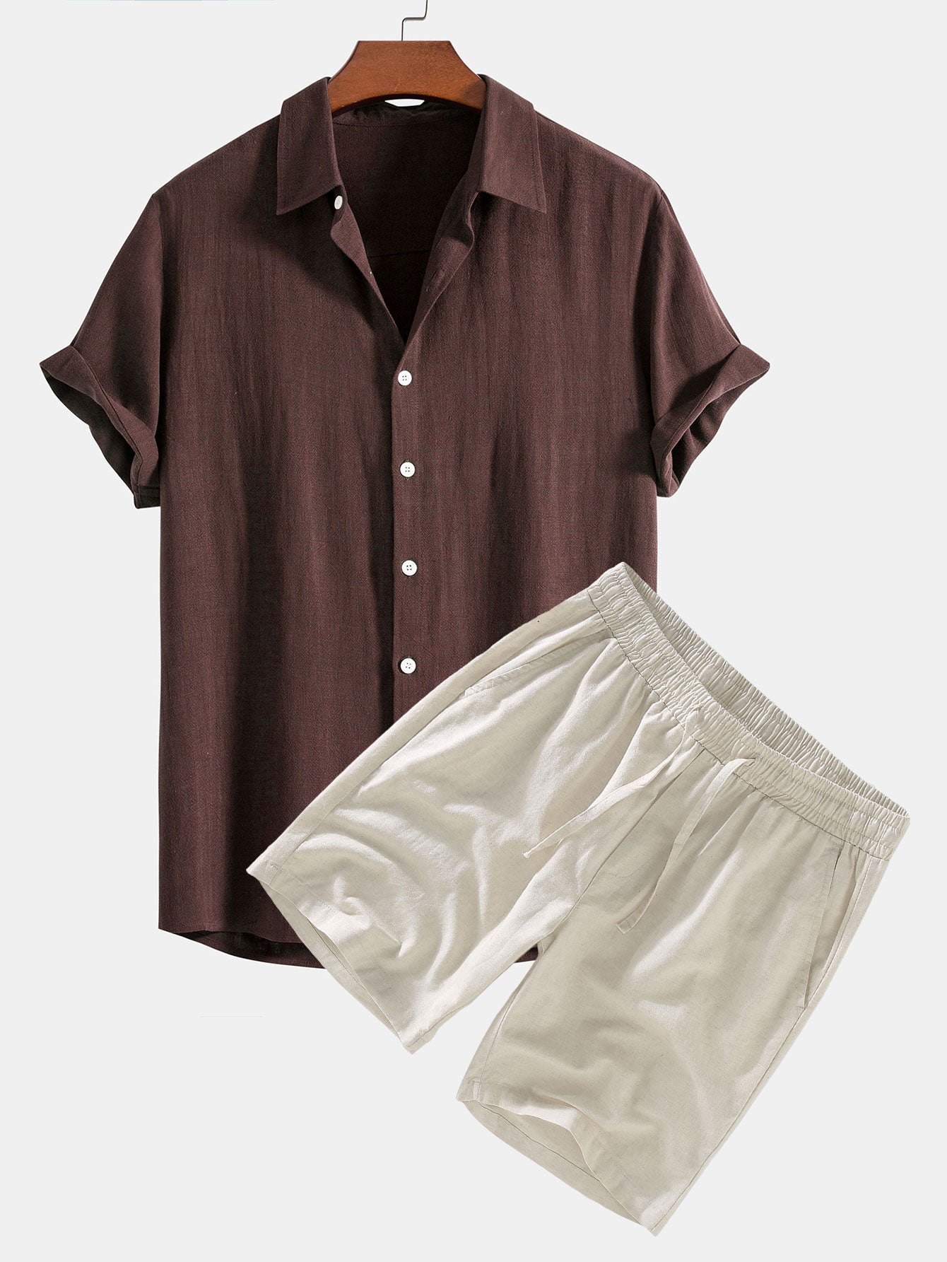 Button-Up Shirt and Drawstring Shorts Set in Linen-Rayon Blend