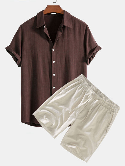 Button-Up Shirt and Drawstring Shorts Set in Linen-Rayon Blend