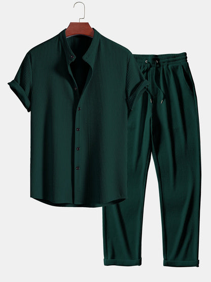 Muscle Fit Ribbed Stand Collar Top & Straight Leg Ribbed Trousers