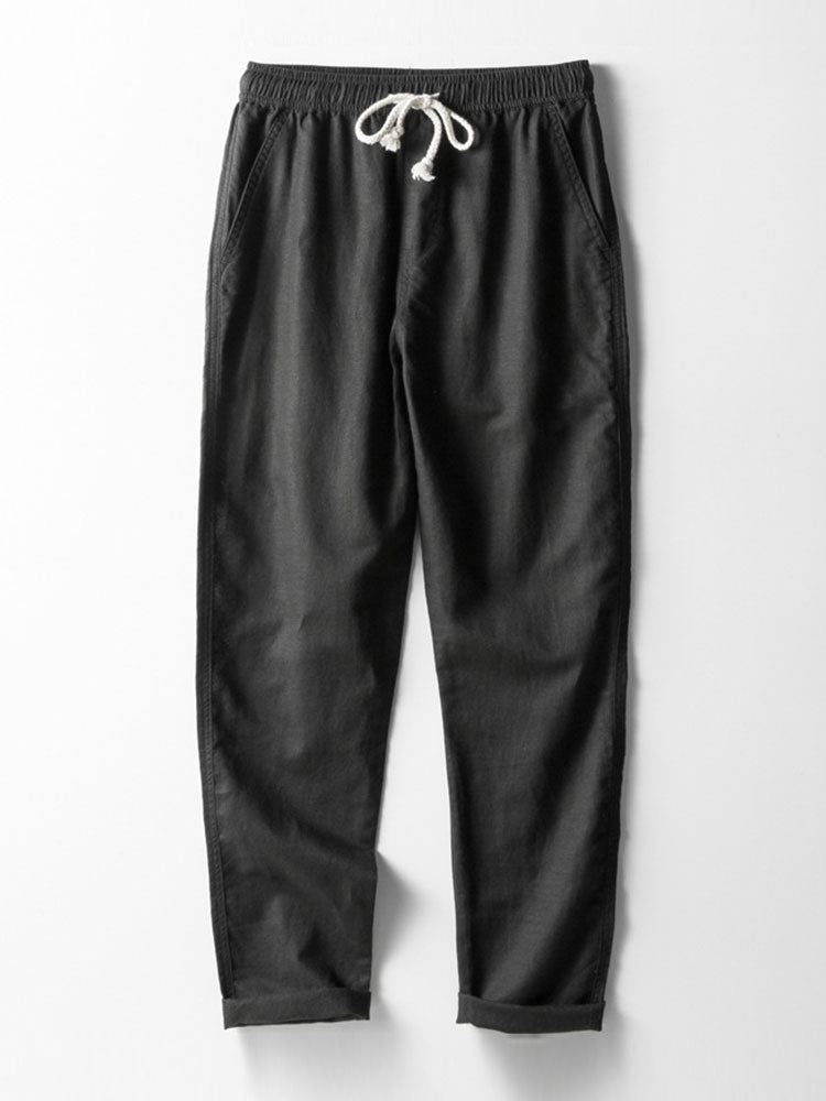 V-Neck Linen-Rayon Blend Top with Straight-Leg Linen Trousers