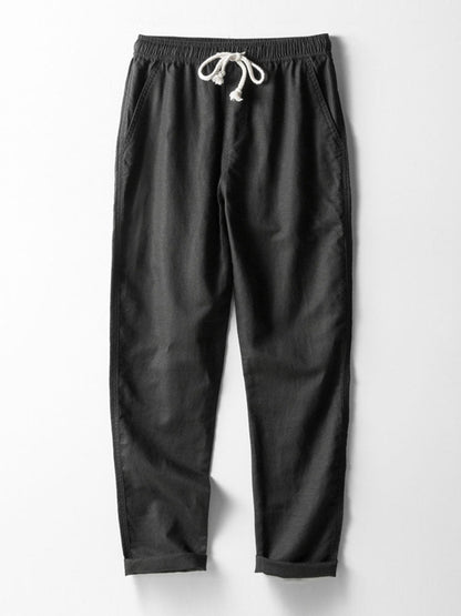 V-Neck Linen-Rayon Blend Top with Straight-Leg Linen Trousers