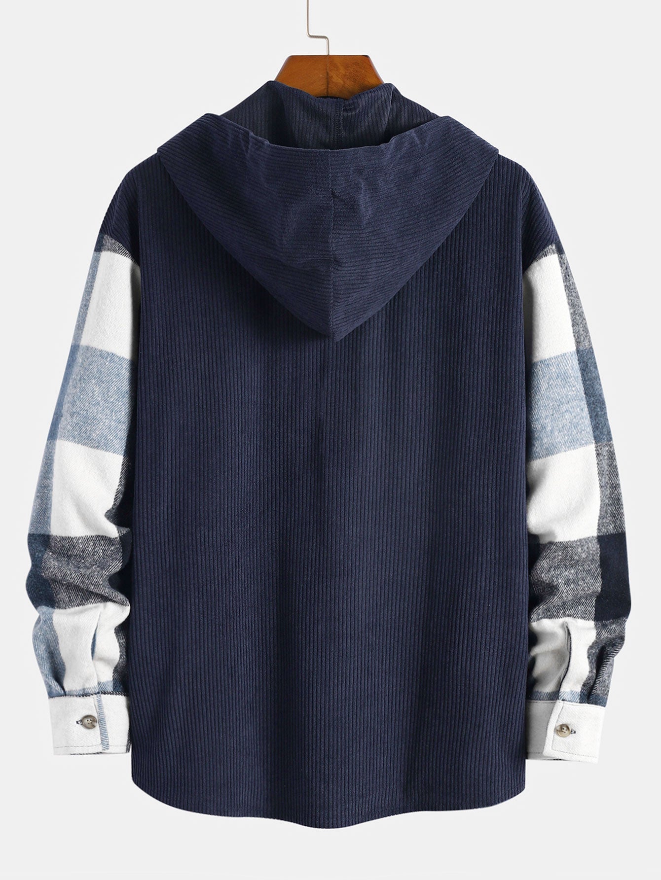 Comfortable Flannel Plaid Hooded Shirt with Corduroy Patchwork