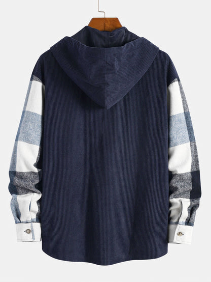 Comfortable Flannel Plaid Hooded Shirt with Corduroy Patchwork