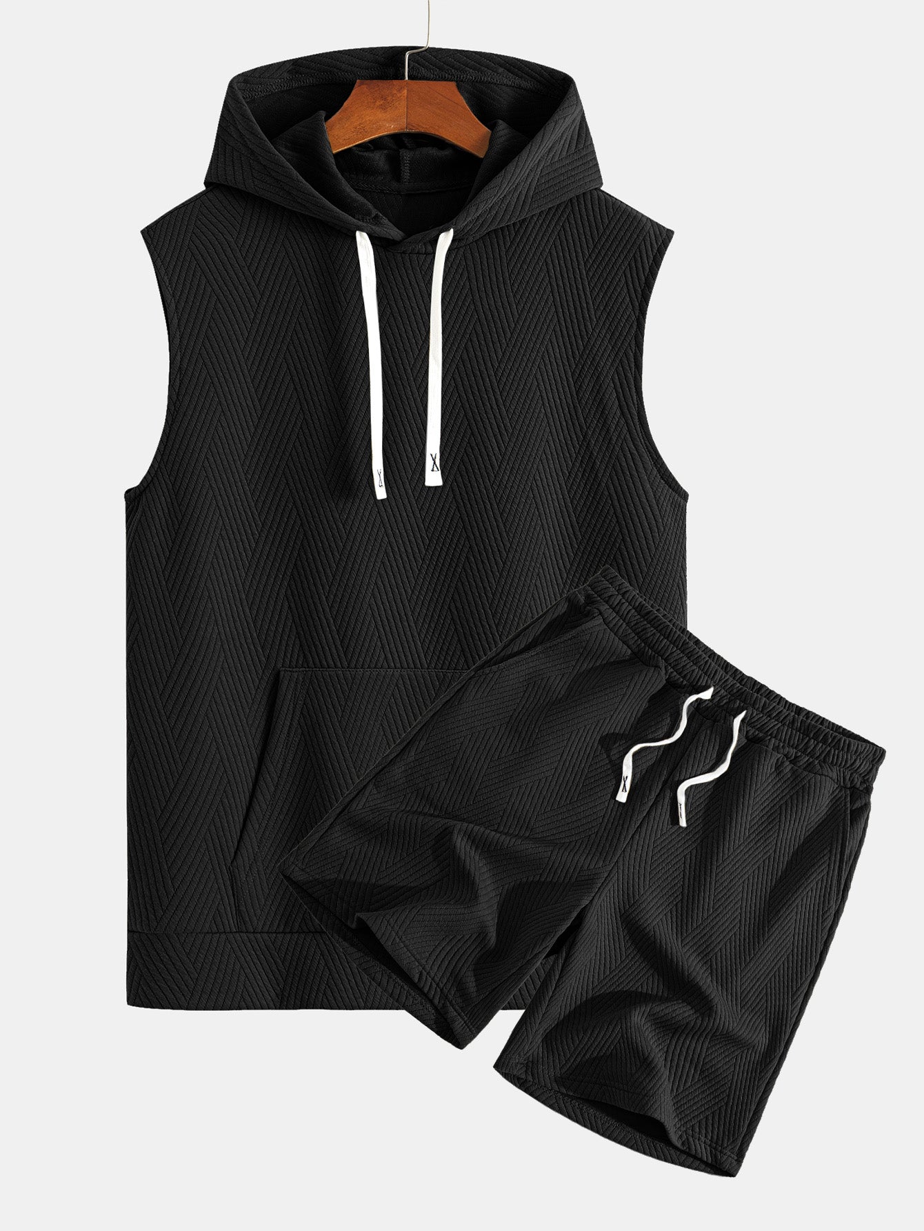 Striped Jacquard Sleeveless Hoodie and Shorts Set