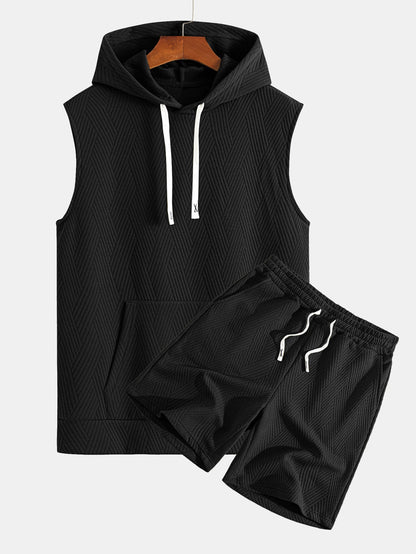 Striped Jacquard Sleeveless Hoodie and Shorts Set