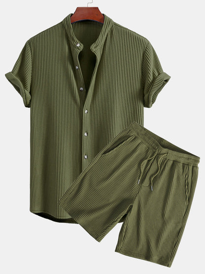 Waffle Textured Stand Collar Shirt & Drawstring Waffle Shorts Set