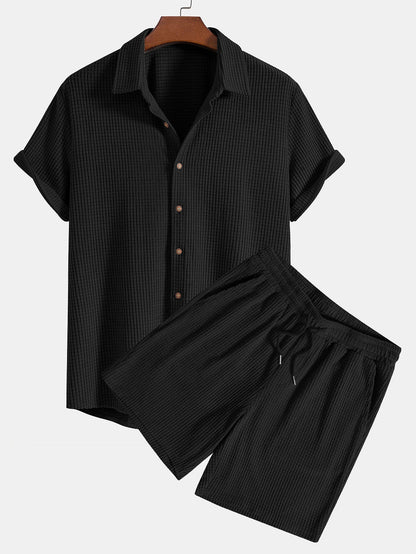 Waffle Knit Button-Up Shirt and Shorts Set