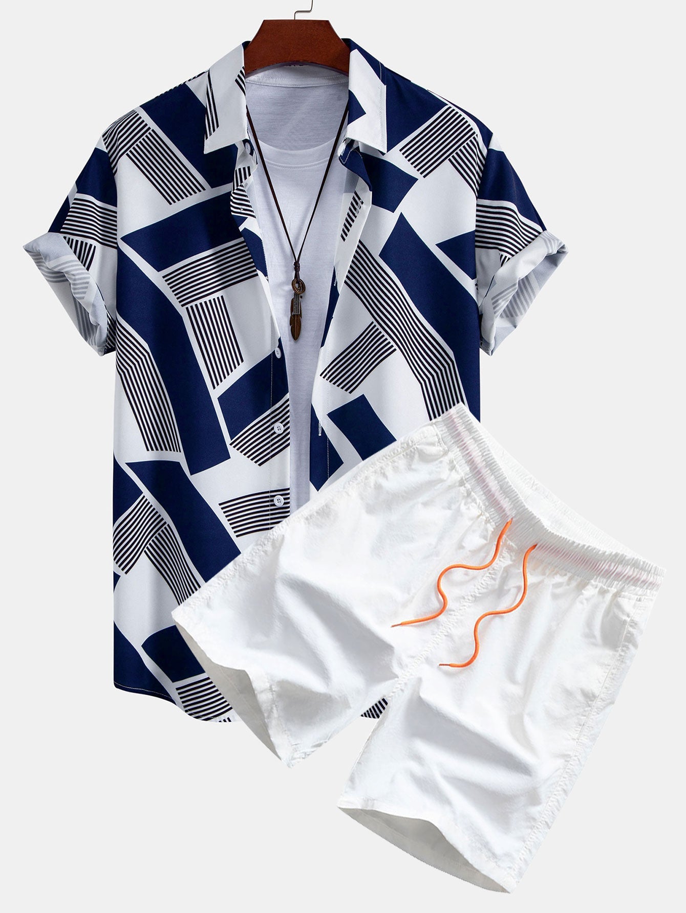 Geometric Color Block Button-Up Shirt with Matching Swim Shorts