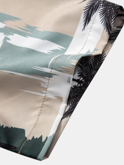 Button-Up Shirt & Swim Shorts Set with Palm Tree Color Block Design